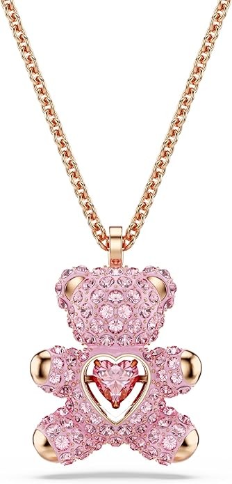 Swarovski Teddy Bear Pendant Necklace, Pink Crystals, Rose Gold-Tone Finish