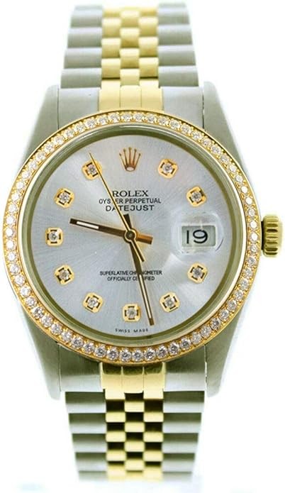 Rolex Mens Datejust 16013 36mm Steel & Gold Datejust Custom Added Silver Diamond Dial & Custom 1CT Diamond Bezel (Certified Pre-Owned)