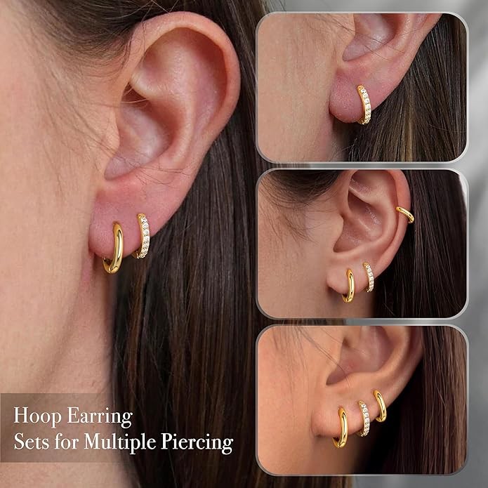 Small Gold Huggie Hoop Earrings Set for Women Men Hypoallergenic 14K Plated Stack Cartilage Earrings, Multiple Piercing Lightweight Mini Thin Cute Dainty Trendy Jewelry Set Gifts for Women