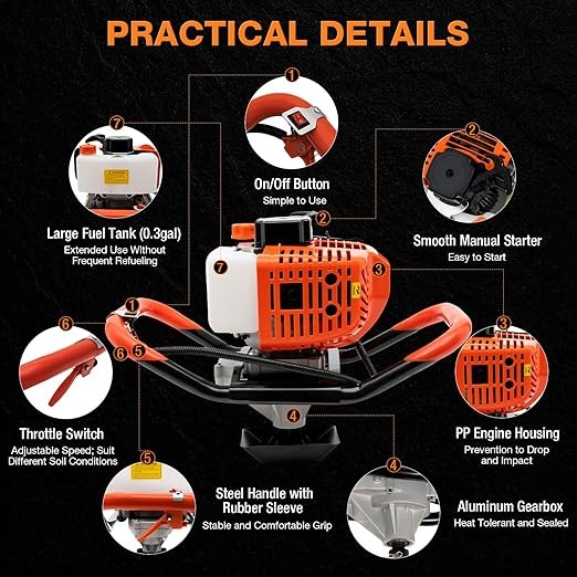 52CC Auger Post Hole Digger, 2-Stroke Post Hole Digger Gas Powered,Earth Auger with 3 Digging Machine Drill Bits 4" 6" 8" and 30cm Extension Rods,Post Hole Borer for Fence,Farmland,Garden,Plant,Etc