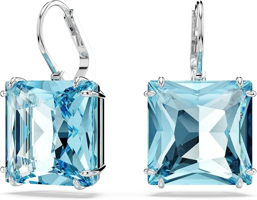 Swarovski Millenia Earrings, Square cut crystal, Blue, Rhodium plated