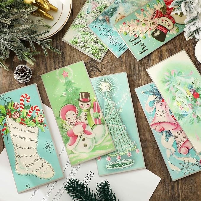 Whaline 32 Pack Christmas Paper Gift Card Holders with Kraft Envelopes and Stickers Vintage Teal Santa Snowman Money Holders for Xmas Winter Cash