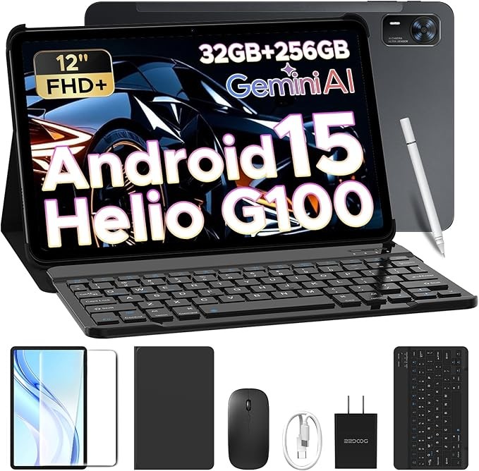 DOOGEE Tab E3+ Android 15 Tablet,Helio G100 Octa-Core,12 inch Tablet,32GB+256GB/TF 2TB,90Hz Display,8800mAh,Tablets with Keyboard,Pen, Mouse & Case,13MP+5MP,Gemini AI/Dual SIM/Face ID/OTG/GPS,Black