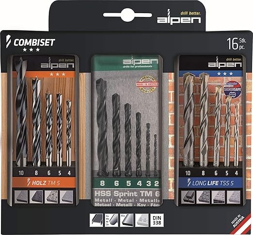 alpen CV 801003100 Machine Wood Twist Drill Bit Diameter 4-10 mm Carbide Masonry Drill Long Life 2-8 mm Set of 16