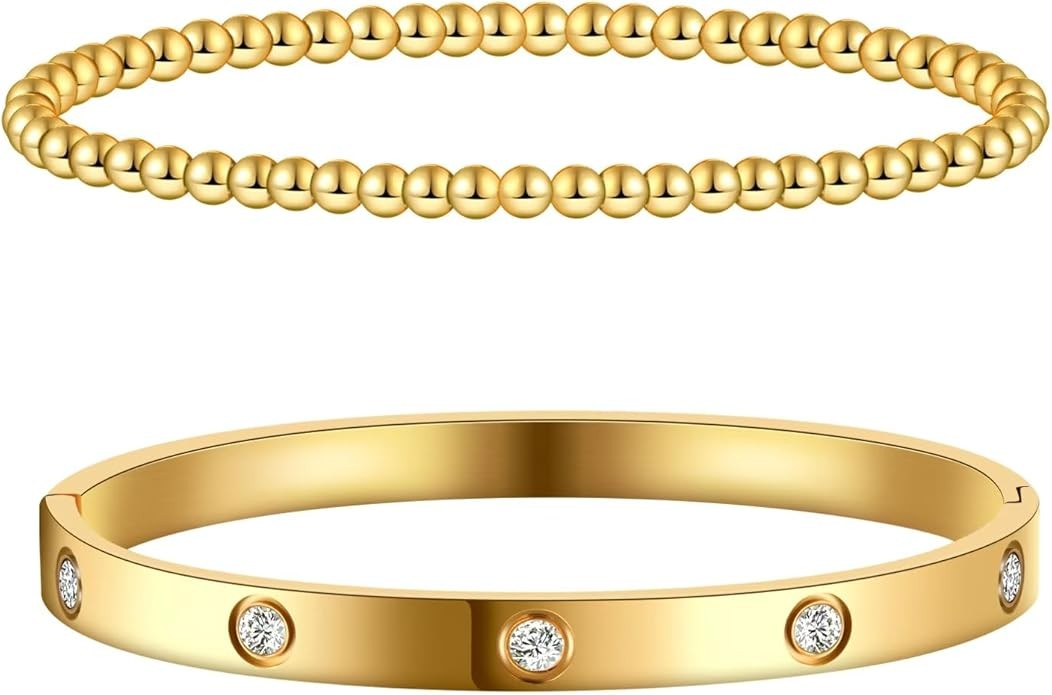 2 Pcs Gold Bangles For Women Gold Beaded Bracelets 18K Gold Plated Cubic Zirconia Bangle Gold Jewelry Gift