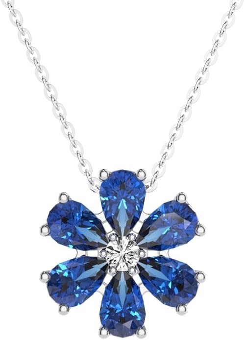 MSBLUE® 3.1 Ctw. Blue Sapphire and White Sapphire Flower Cluster Pendant Necklace | 14K White Gold Vermeil for Anniversary, Gift & Women