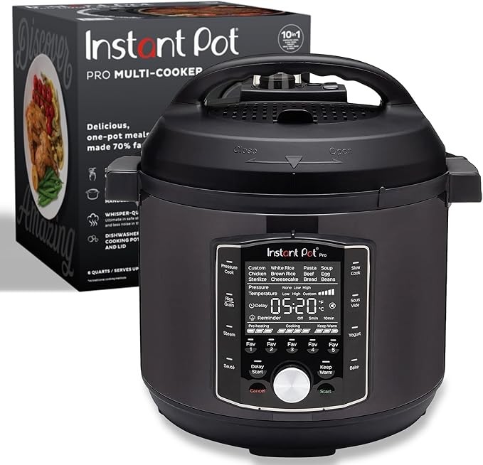 Instant Pot Pro 10-in-1 pressure cooker, slow cooker, rice/grain cooker, steamer, sauté, sous vide, yogurt maker, sterilizer, and warmer with app for over 800 recipes, black, 6-quart