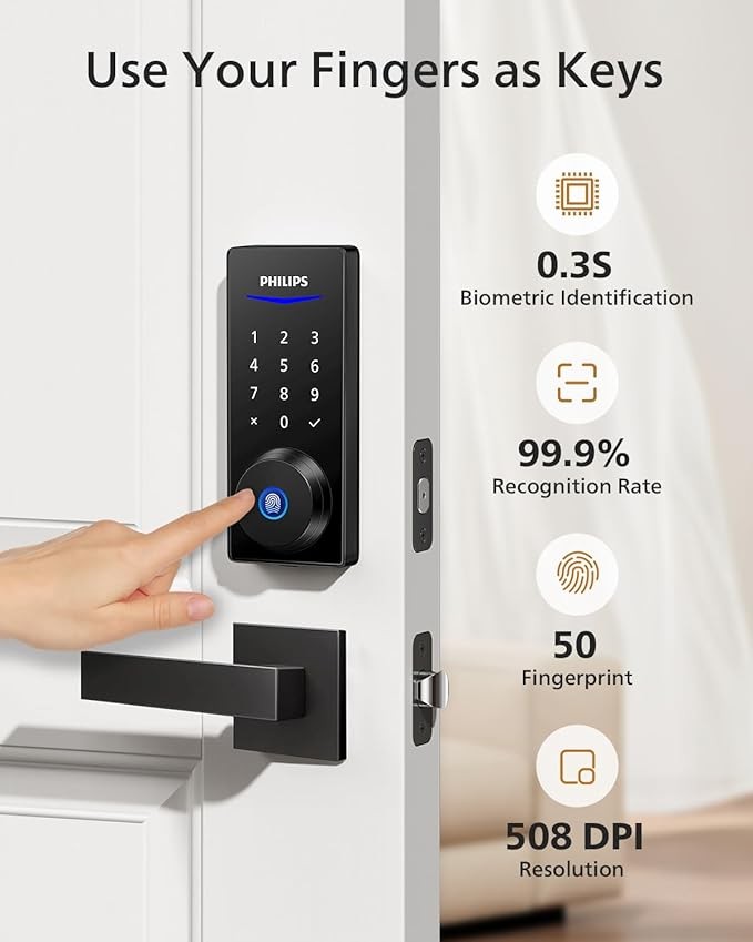 Philips Smart Lock with Handles, Keyless Entry Door Lock Set, Smart Door Lock with 2 Level Handles, Digital Keypad Deadbolt for Front Door, App Fingerprint PIN Code Unlocking, Auto Locking