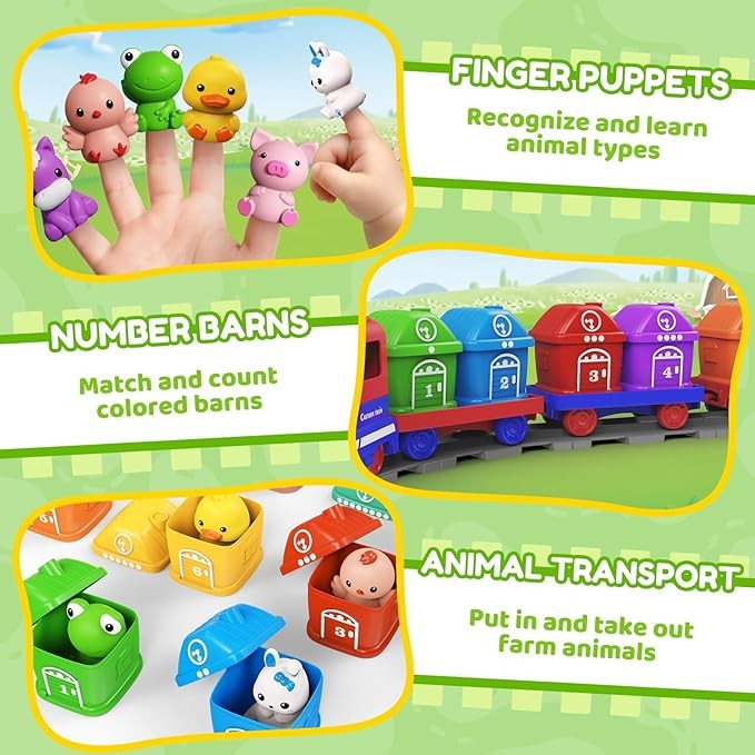 Electric Train Set for Toddlers & Kids Boy -Montessori Counting Matching & Sorting Activity Train Set Learning Toys with Farm Animals, Finger Puppets, Tracks Music Lights, Preschool Toy Birthday Gift
