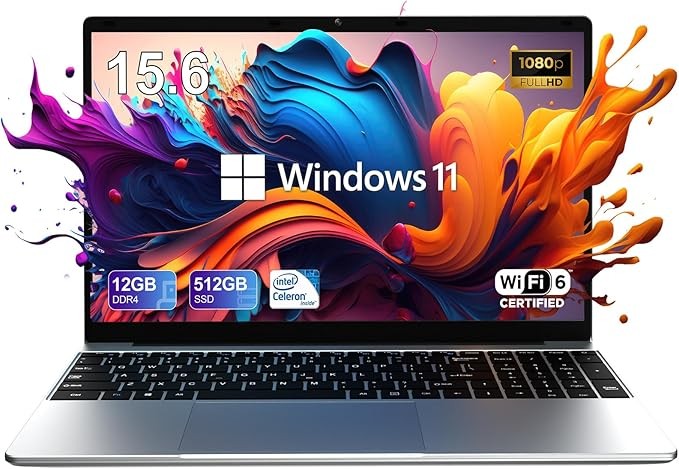 Laptop Computer, 15.6'' FHD IPS Student Laptops, Celeron N5095 4-Core Processor, 12GB RAM + 512GB SSD up to Expandable 1TB, 2.4G+5G WiFi, 2 Years Warranty, Long Battery Life