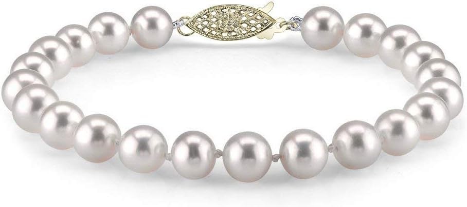 The Pearl Source 14K Gold 7-7.5mm Round White Japanese Akoya Saltwater Cultured Pearl Bracelet for Women