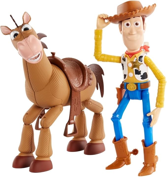 Mattel Disney Pixar Toy Story 4 Movie Set of 2 Action Figures, Collectible Pack Includes with Woody with Removable Hat & Rideable Bullseye