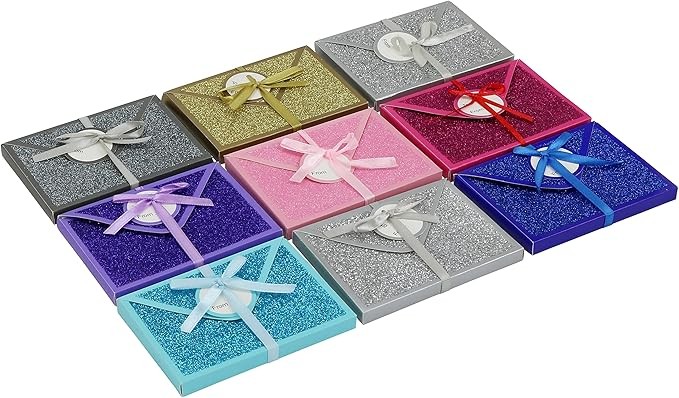 Iconikal 9-Pack No-Mess Glitter Decorative Wrapped Gift Card Holder Boxes with Ribbons Elegant Birthday Corporate Holiday Mother's Father's Day
