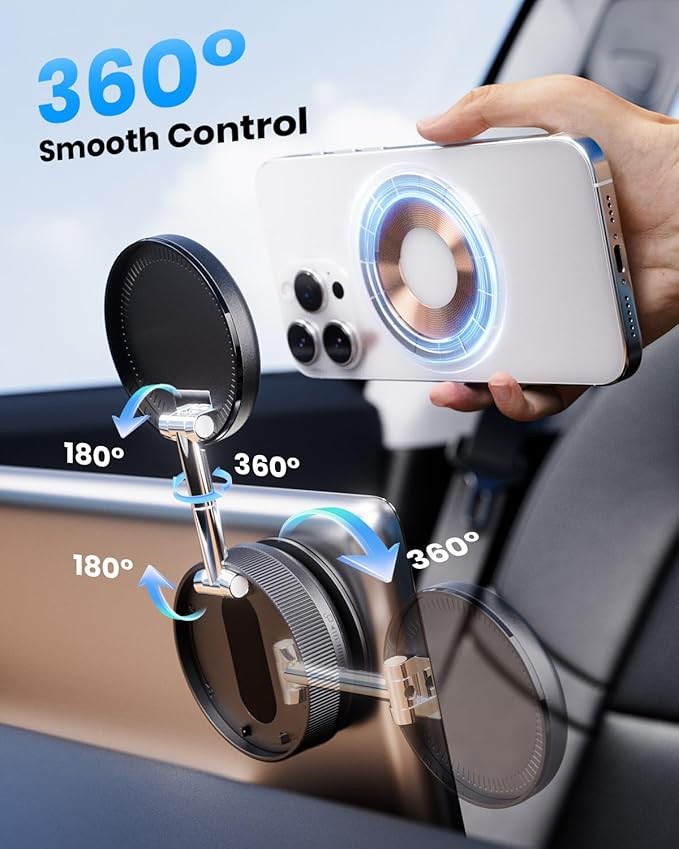 2026 Upgraded 360° Vacuum Magnetic Car Phone Holder for Magsafe [96+LBS Strongest Suction and 2800gf Strongest Magnetic Force], Adjustable Car Phone Holder for Your Car/Gym/Mirror/Shower, Compatible w