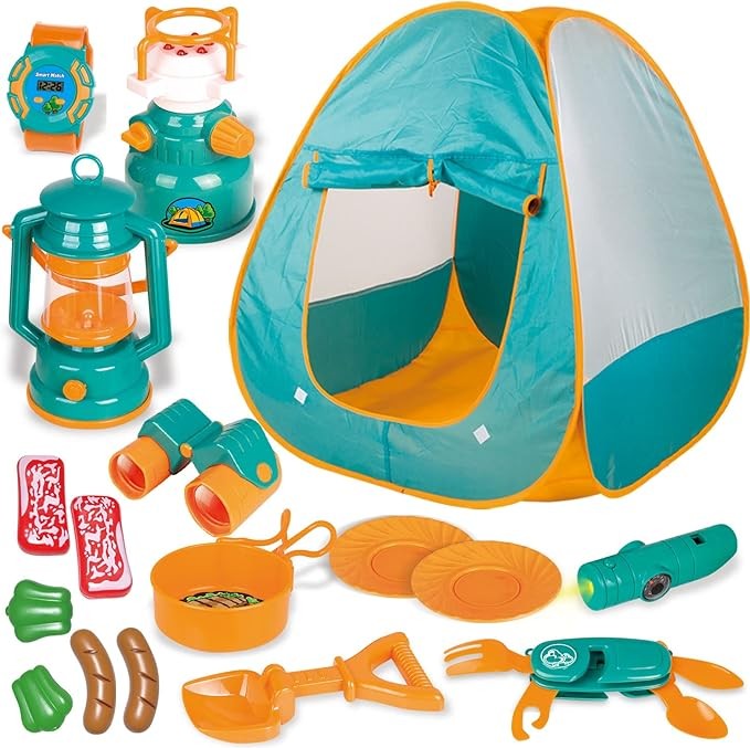 FUN LITTLE TOYS Pop Up Play Tent with Camping Gear and Tools Set, Outdoor Toys for Kids