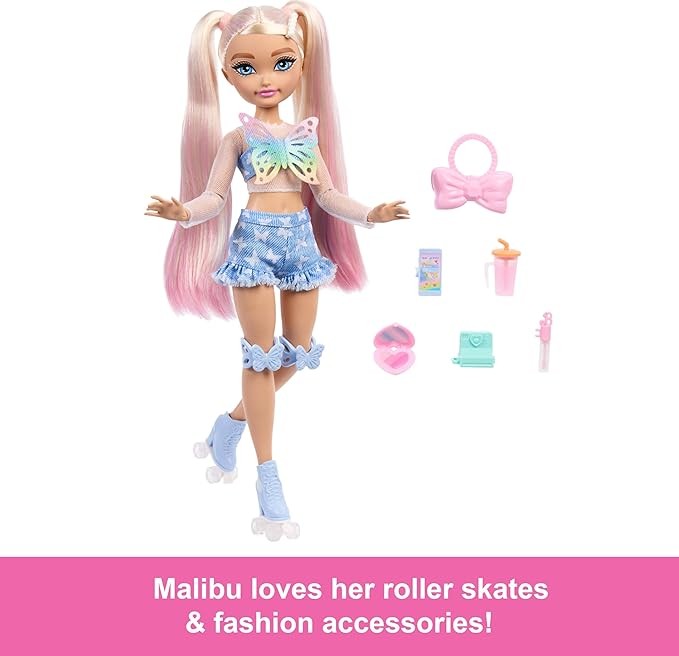 Barbie Dream Besties Doll and Accessories, Barbie "Malibu” Posable Roller Skating Fashion Doll with Blonde Hair, 9 Makeup Themed Pieces