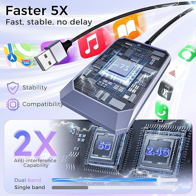 Wireless CarPlay Adapter for Apple iPhone, converts wired CarPlay to wireless, plug and play, stable connection, compatible with OEM wired CarPlay vehicles and iOS 10+