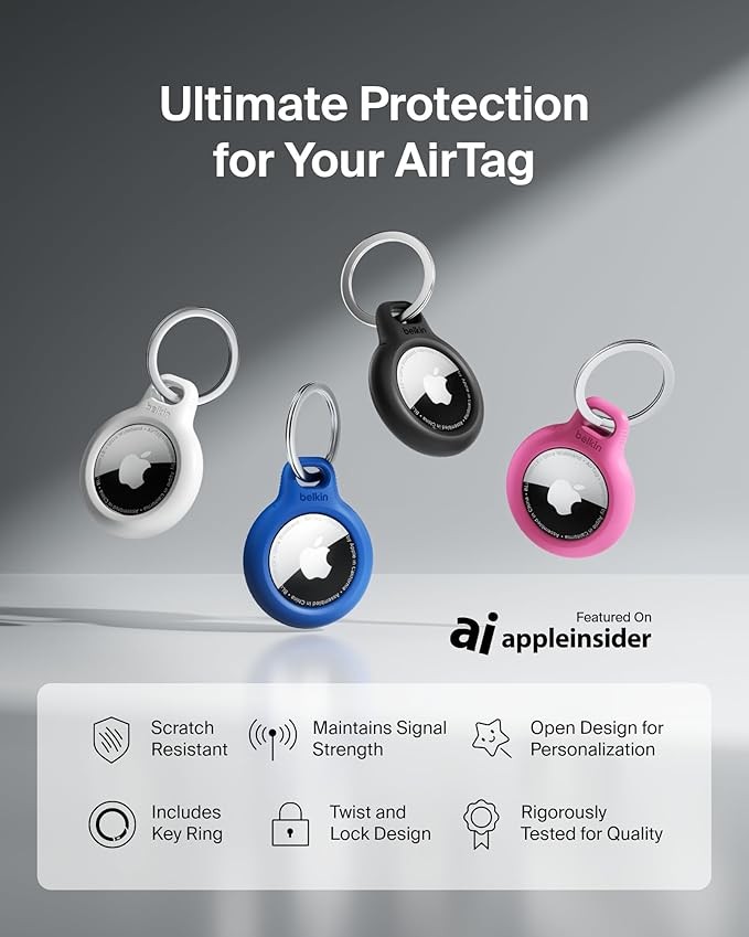 Belkin Apple AirTag Security Holder with Keyring - Durable, Scratch-Resistant Case with Open Surface and Raised Lips - Protective AirTag Keychain Accessory for Keys, Pets, Luggage, and More - Black