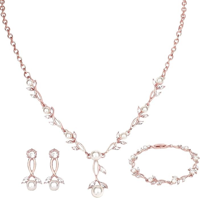 CAVETEE Pearl & Crystal Jewelry Set for Women- Elegant Necklace, Earrings & Bracelet for Wedding Party Bridesmaid Bride Accessories