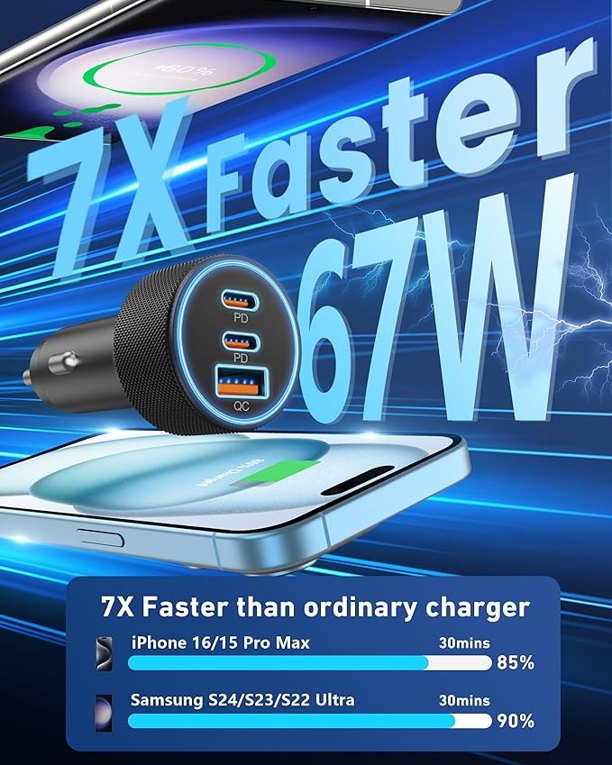 67W 3-Port Ultra-Fast Type C Car Charger USB C for Samsung Galaxy S25 S24 S23 S22 S21 Ultra, iPhone 17/Air/16/15 Pro Max, Android, PD/QC Car Phone Adapter Accessory (Men's and Women's) + 3ft USB-C Dat