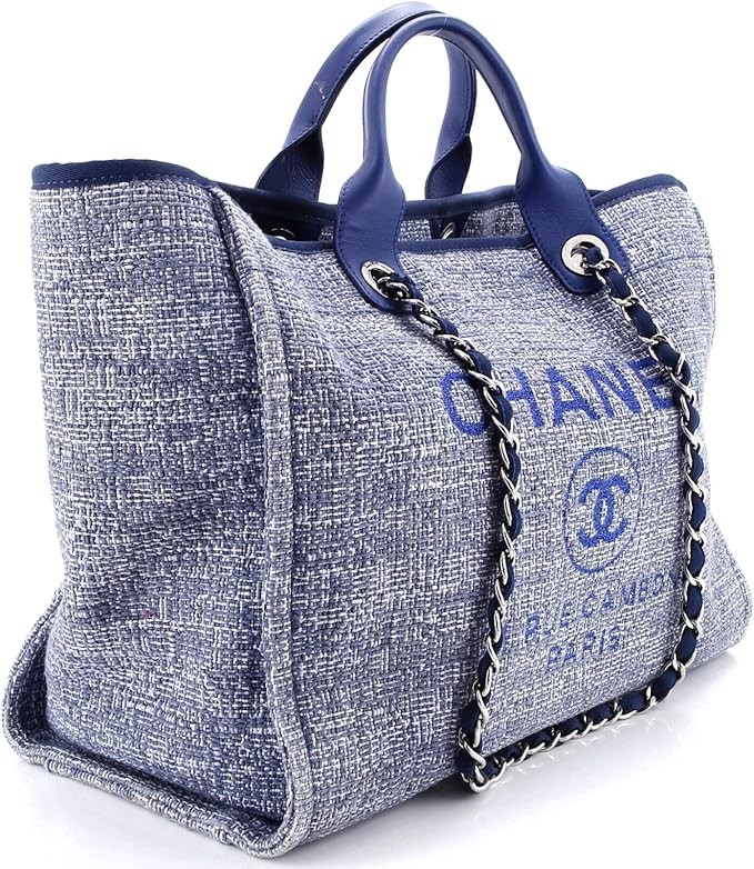 Pre-Loved Deauville Tote Raffia with Glitter Detail Medium, Blue