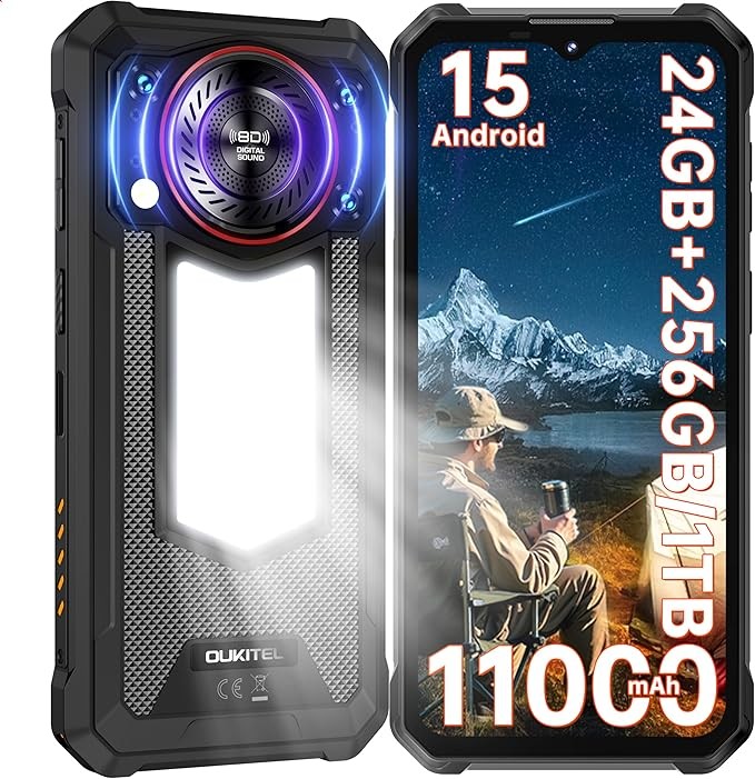 OUKITEL WP53 Pro Rugged Phone Unlocked Android 15-24GB+256GB Rugged Smartphone with Camping Light, 11000mAh Battery 128dB Louder Speaker, 6.52" HD+ Phone, 50MP Main Camera Waterproof Cell Phone NFC