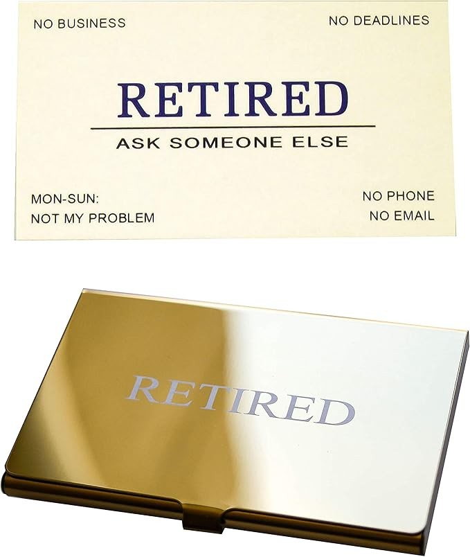 RXBC2011 Retired Business Cards Funny Retirement Gift (Pack of 50/With Gold Mirror Stainless Steel Case) For Retired Men Women Coworkers Employees Boss Friend Colleague