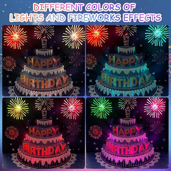 Birthday Cards, 3D Pop Up Birthday Card, Fireworks, Lights, Music and Cake Happy Birthday Card, Birthday Gift Card with Envelope and Blank Card for Women, Men, Husband, Wife, Kids, Mom, Dad