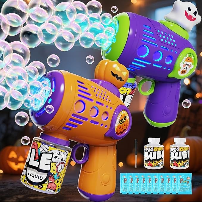 2 Pack Halloween Bubble Gun for Kids, Automatic Bubble Machine Gun, Light Up Pumpkin & Ghost Bubble Blower with LED Lights/Bubble Solution, Party Favors, Outdoor Toys Brand: Vinkp