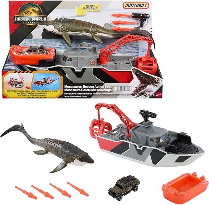 Mattel Matchbox Toy Car Playset, Jurassic World 12.5” Dino Boat with 13” Mosasaurus Dinosaur, 1:64 Die-Cast Jeep, Harpoon Missiles & Detachable Rescue Boat