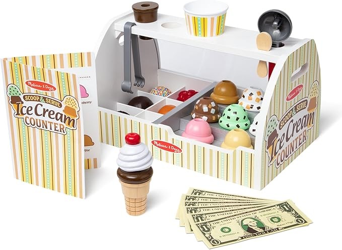 Melissa & Doug Wooden Scoop & Serve Ice Cream Counter, Pretend Play Store, 28 Toy Food & Play Kitchen Accessories, Preschool Toys for Girls & Boys 3+