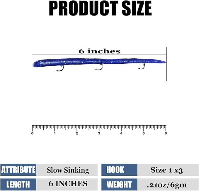 Delong Lures 6" KILR Worms Pre-Rigged for Bass, Pike and Anything in Between, Bass Lures Bait Tackle 5 Per Pack