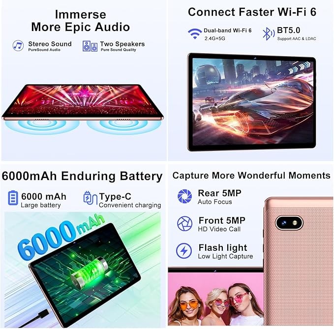 Tablet, 10.1 Inch Tablets, Android 14 Tablet with 18GB RAM+128GB ROM/ 1TB Expand, Octa-Core 1.8GHz CPU, 6000mAh Battery, 5G WiFi, WiFi 6, BT5.0, Widevine L1 HD IPS Tableta PC-Rose Gold