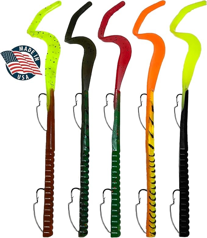 Delong Lures Fishing Lures Bass Set, 10" Pre-Rigged Weedless Swim Bait, Twister Tail Bass Fishing Lures, Extra Durable Soft Plastic Baits for Freshwater - 5 pcs Bass Baits and Lures Pack, Made in USA