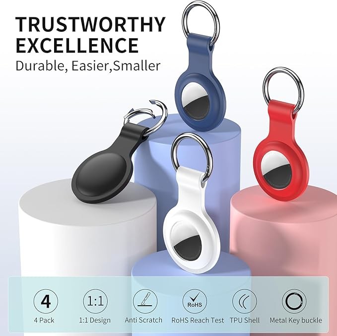 Compatible with AirTag Holder Keychain 4-Pack, Silicone Keychain Ring Case Tag GPS Tracker Item Label Finder Accessory for Kids, Bags, Luggage