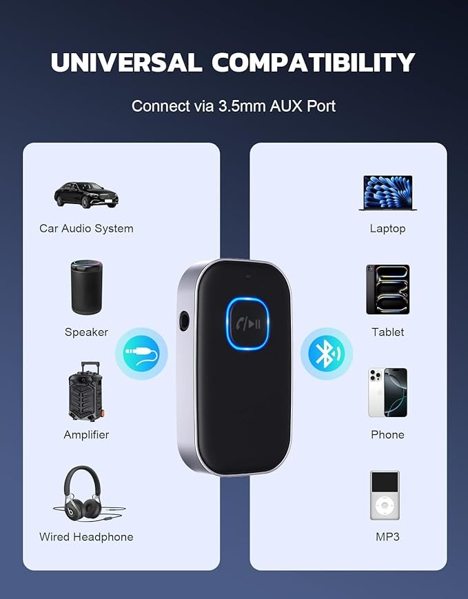 COMSOON Car Bluetooth Receiver, Noise Cancelling 3.5mm AUX Bluetooth Car Adapter, Wireless Audio Receiver for Home Stereo/Wired Headphones, Hands-Free Calling, 16 Hours of Battery Life - Black + Silve