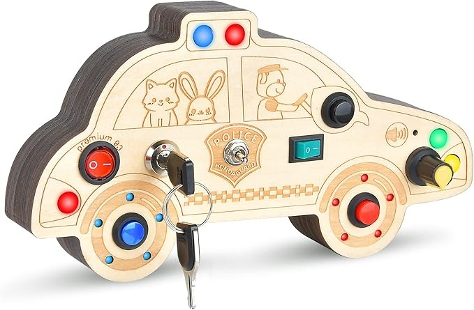 Busy Board for 3+ Year Old Toddler, Wooden Car Sensory Toy for Autistic Children with LED Light Switches and Toggle Switch, Portable Fidget Toy Great for Travel