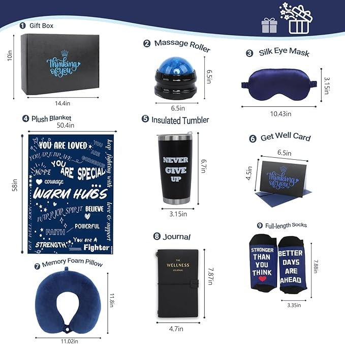 Get Well Soon Gift Basket - Care Package for Men w/Blanket, Pillow, Tumbler, Eye Mask, Socks, Journal, Massage Roller, Greeting Card, Gift Box