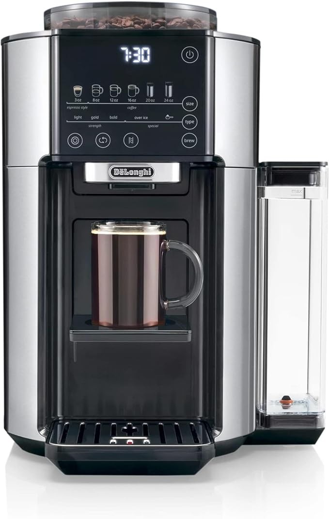 De'Longhi True Brew Drip Coffee Maker, Built in Grinder, Single Serve, 8 oz to 24 oz, Hot or Iced Coffee, Stainless, CAM51025MB