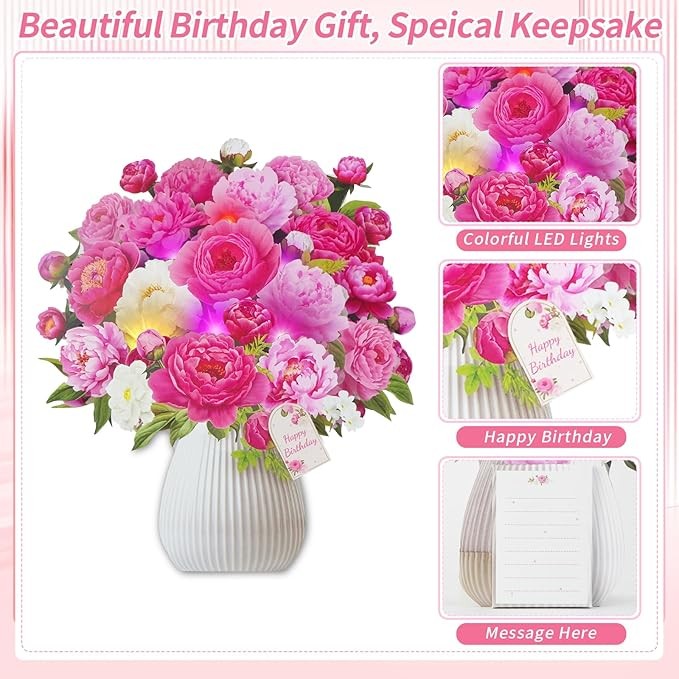 Birthday Cards with MUSIC & LIGHTS, Pop Up Happy Birthday Cards, Pink Penoy, 12 Inch Life Sized Forever Flower Bouquet Greeting Card Gifts for Women Mom Grandma