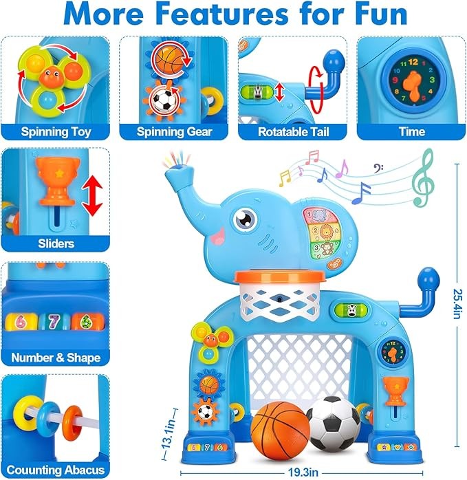 Toddler Basketball Hoop & Soccer Goal, Toys for 1 2 3 Year Old Boys Girls, Kids Sports Toy with Light Sound Music, Montessori Toys for Baby 12-18 Months, Christmas Birthday Gifts for Ages 1-3(Blue）