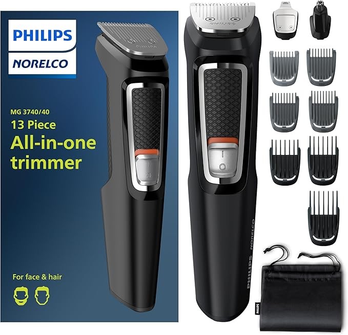 Norelco Philips Multi Groomer - 13 Piece Mens Grooming Kit for Beard, face, Nose, and Ear Hair Trimmer and Hair Clipper - NO Blade Oil Needed, MG3740/40