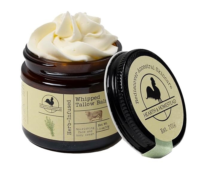 Hand Whipped Tallow Butter (Unscented/Herbal) - Organic Body Butter with Olive Oil for Eczema, Rosacea, Baby - 1.3 oz
