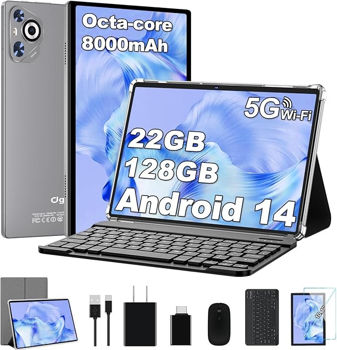 2025 Android 14 Tablet, 22GB RAM+128GB ROM+1TB Expand, 8000mAh Battery, 10.1 Inch Touchscreen, Octa-Core CPU, 2-in-1 Tablet with Keyboard&Mouse, Support BT5.0, GPS, WiFi - Grey