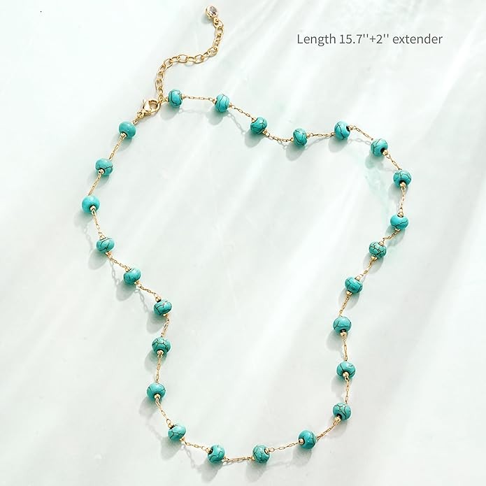 Created Turquoise Necklace for Women 14K Gold Plated Beaded Heart Choker Boho Necklaces Handmade Beach Summer Everyday Western Jewelry Gifts