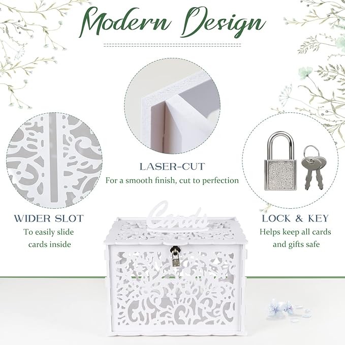 OurWarm White Wedding Card Box with Lock, PVC Gift Card Box for Wedding Decorations for Reception, Money Gift Boxes for Party Reception Anniversary Bridal Baby Shower Decorations