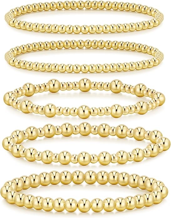 adoyi Gold Bracelets for Women Waterproof, 14K Gold Plated Beaded Strand Bead Ball Bracelets stack Adjustable Jewelry Set for Gifts