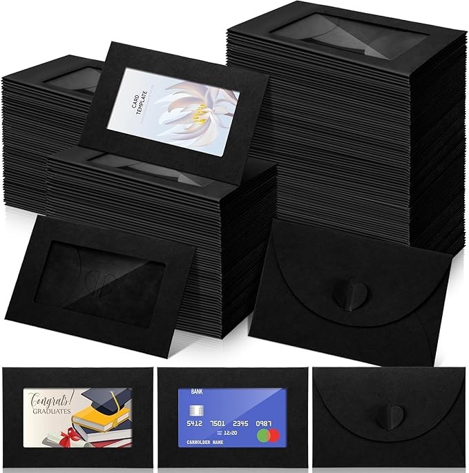 Uiifan 300 Pcs Window Gift Card Envelopes 4 x 2.8 Inch Gift Card Sleeves Mini Envelopes with Heart Shaped Clasp for Business Party Greeting Invitation(Black)