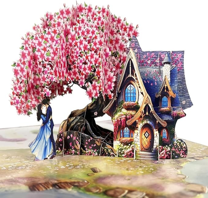 Anniversary Card – Enchanting 3D Pop-Up Love Cottage with Couple Under Cherry Blossom | Romantic Gift for Wife, Husband, or Partner | Valentine’s Day & Mother’s Day Card for Wife (6"x8")