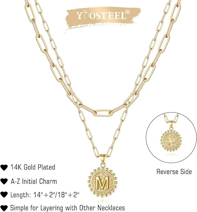 Yoosteel Gold Initial Necklaces for Women, 14K Gold Plated Dainty Layering Paperclip Link Chain Necklace Coin Initial Layered Necklaces for Women Personalized Birthday Gifts